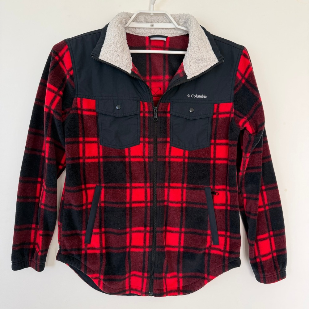 Columbia Red Black Buffalo Plaid Sherpa Collar Full Zip Fleece Shirt Jacket M
